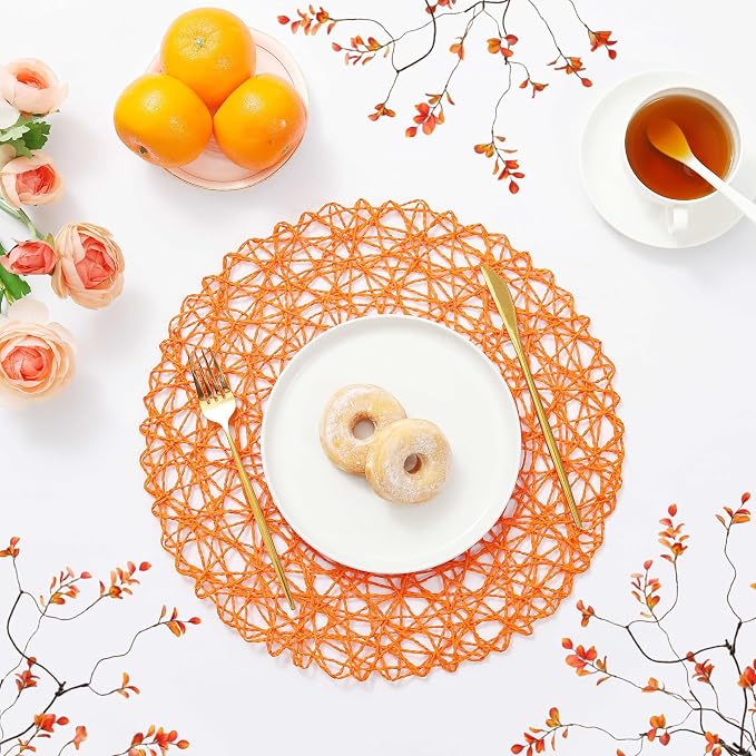IcosaMroTangerine Round Placemats Set of 6 for Dining Table, 15 Inch Paper Woven Boho Decorative Circle Place Mat for Wedding Christmas Thanksgiving Day Holiday Dinner, Tangerine
