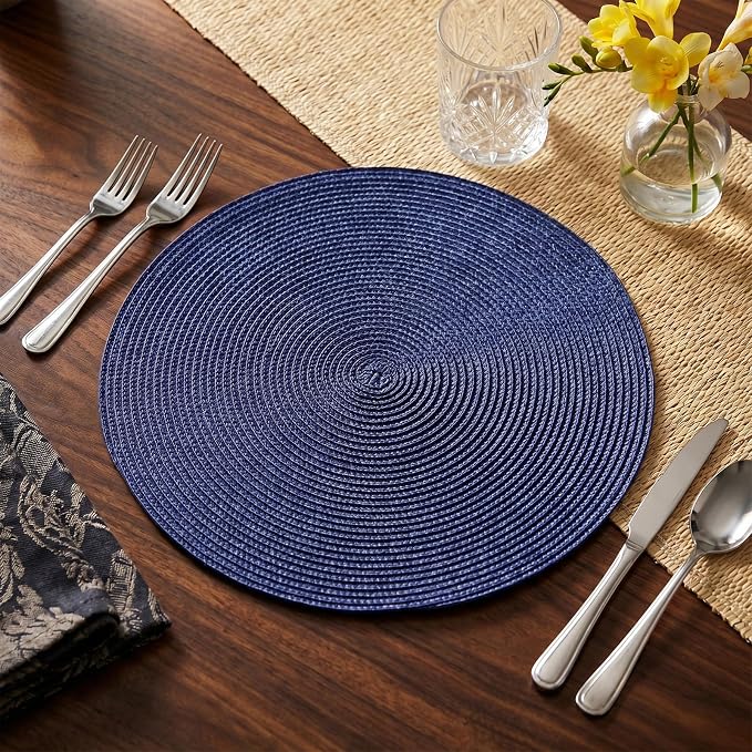 AHHFSMEI Round Placemats Set of 6 Heat Resistant Washable Non-Slip Woven Braided Table Mats for Dining Table Kitchen & Home Decor (Navy Blue)