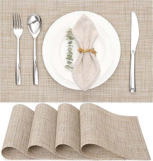 Myir JUN Placemats Set of 4, Vinyl Woven Placemats Place Mats Indoor Set of 4 Washable Table Mats Non-Slip Place mats for Dining Table (Beige, Set of 4)