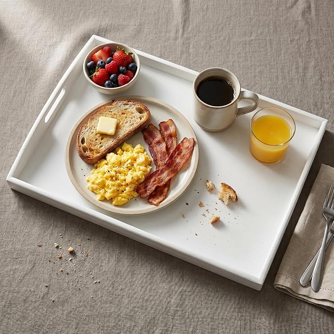 Bam & Boo White Bamboo Serving Tray Extra Large with Handles for Food, Drinks, Storage, Decor, Vanity, Breakfast, Parties, Weddings, Picnics(23.6” x 15” x 2.35”, White)