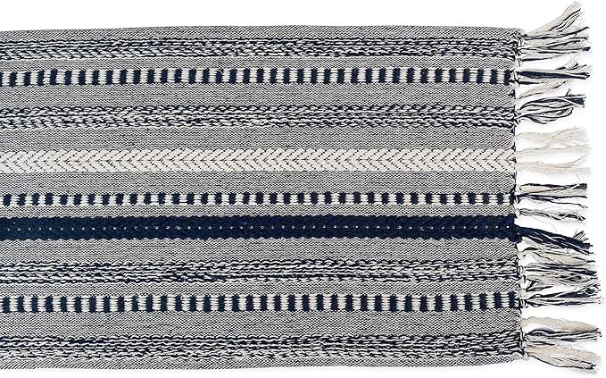 DII Farmhouse Braided Stripe Table Runner Collection, 15x108 (15x113, Fringe Included), Navy Blue