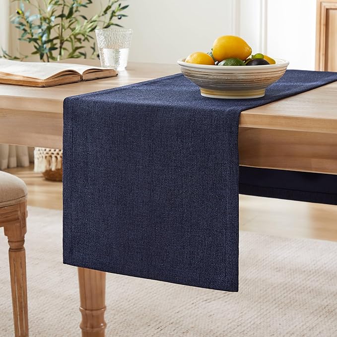 ZeeMart Burlap Style Farmhouse Table Runners 36 Inches Long, Navy Rustic Woven Dining Table Runner for Everyday Use, 14x36 Inches, Navy