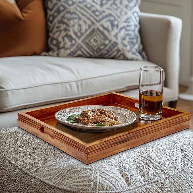 Croft&Cane Solid Wood Serving Tray - 17 x 13 Inch Rectangular Decorative Ottoman Tray - Hand-Carved Ribbed Design - Natural Wood Food Tray with Handles for Coffee Table, Kitchen, Breakfast, Décor