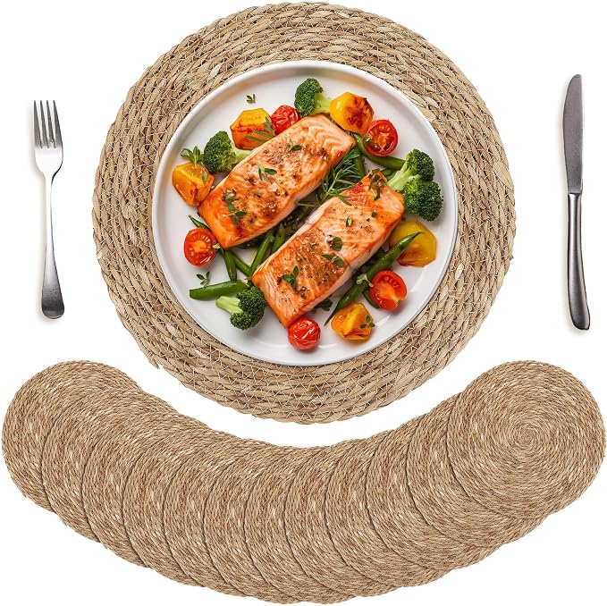 Kochorie Set of 12 Round Woven Placemats 15 Inch Bulrush Placemats Natural Handwoven Boho Rattan Wicker Table Mats for Farmhouse & Home Dining