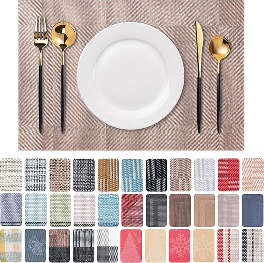 CADONO Placemats Set of 6 Washable Indoor/Outdoor Vinyl Place Mats for Dining Table Durable Non-Slip Heat Resistant PVC Weave Table Mats（Four-Corner-Khaki）
