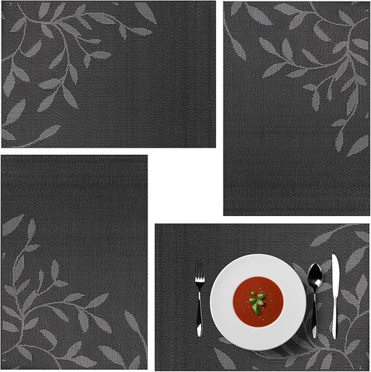 Placemats, Placemats for Dining Table Set of 4, Kitchen Table Mats Heat-Resistant Non-Slip Washable PVC Woven Vinyl Place Mats for Dining Room Table Decoration (Set of 4, Black Leaf)