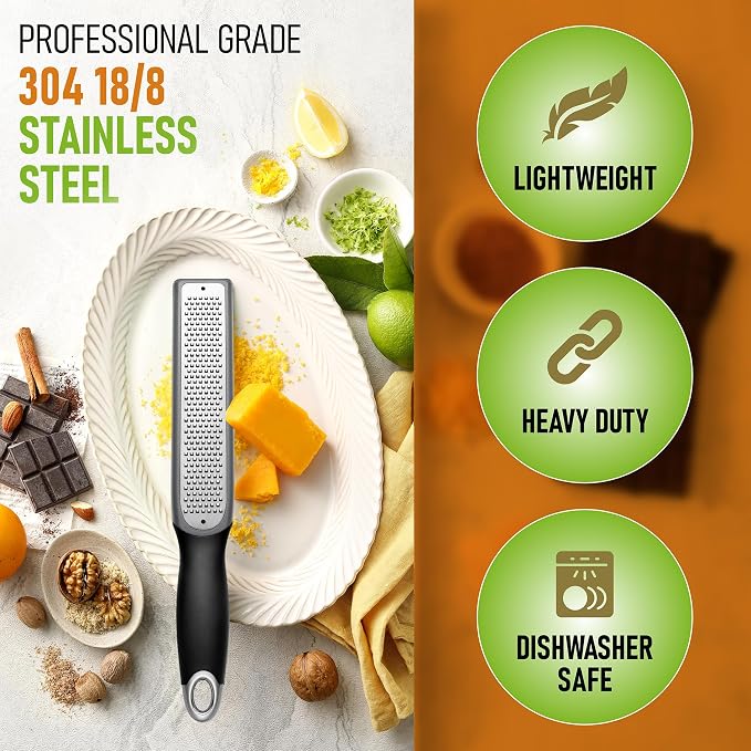 Spring Chef Premium Gray Lemon Zester Grater with Handle - Lime, Garlic, Ginger, Orange, Nutmeg, Fruit Grater - Heavy Duty Kitchen Tool - Stainless Steel Citrus Zester with Blade Cover - Fine Shred