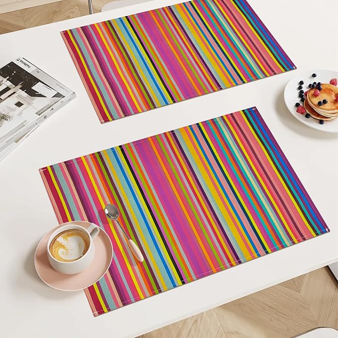 Bloss Mexican Placemats Set of 6, Linen Woven Rainbow Place Mats for Kitchen Table Indoor/Outdoor, 12" x 18" Washable Placemat Dining Table Mats