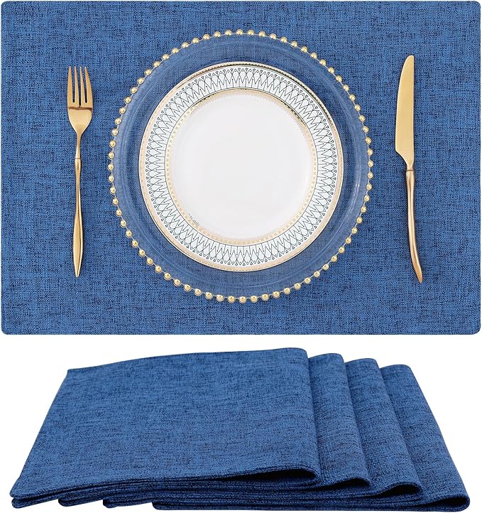 homing Faux Cotton Linen Placemats Set of 4, Cloth Washable Farmhouse Dining Table Mats for Indoors & Outdoors, Easy to Clean, Navy Blue, 13 x 19 Inch