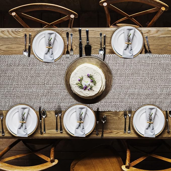 Urban Villa, 100% Cotton Two Tone Table Runner,14''x 72'' Over Sized Taupe/White Two Tone Table Runner with Fringes, Every Day Use Heavier Quality Christmas Runners
