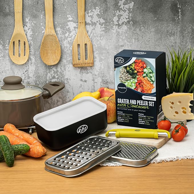 Cheese Grater with Container and Lid & Peeler Set - Vegetable Fruit Multi-Function Stainless Steel Kitchen Utensil Kit with Black Food Plastic Storage Stable Box - Hand Chopper Graters & Peelers