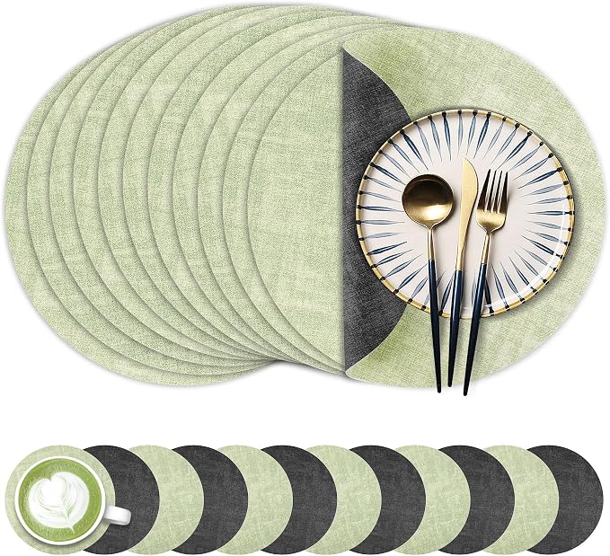13-Inch Faux Leather Round Placemats Set of 12, Waterproof Anti-Slip Dual Sided Place mats, Heat Resistant Washable Table Mats with Coaster, Suitable for Indoor & Outdoor (12, Black Light Green)