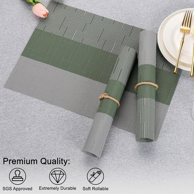 Placemats Set of 8, Vinyl Woven Place Mats Indoor Set of 8 Washable Wipeable PVC Table Mats Heat-Resistant Non Slip Placemat for Kitchen Dining Outdoor Table (Gray Sage Green, Set of 8)