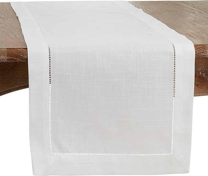 SARO LIFESTYLE Hemstitched Border Table Runner, Ivory, 16"x54"
