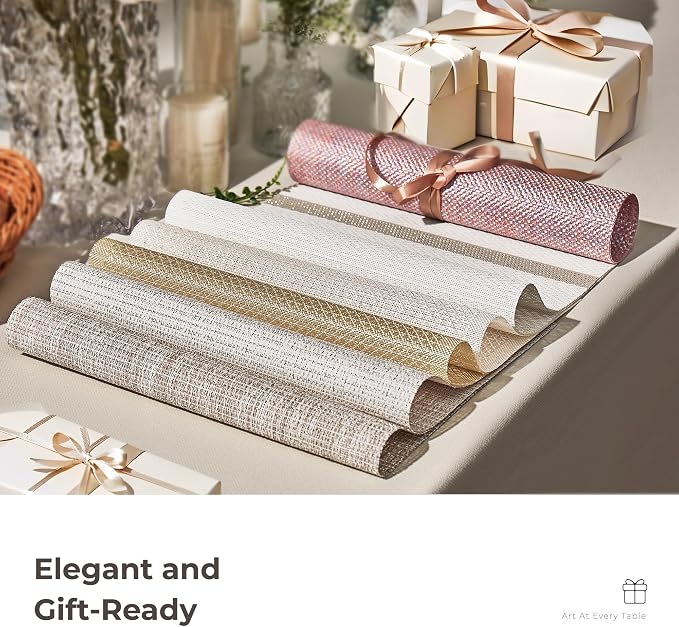 Leetaltree Sparkling Beige and Gold Vinyl Woven Placemats Set of 12 - Durable - Washable - Wipeable Dining Table Place Mats, Suitable for Indoor & Outdoor Use - Hand-Cut