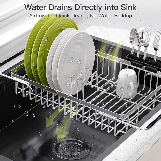 JASIWAY Expandable Stainless Steel Dish Drying Rack Over The Sink For Small Kitchen, Counter Space Saving Compact Plate Drainer Strainer, Adjustable Hanging Metal Dish Dryer Holder with Utensil Holder