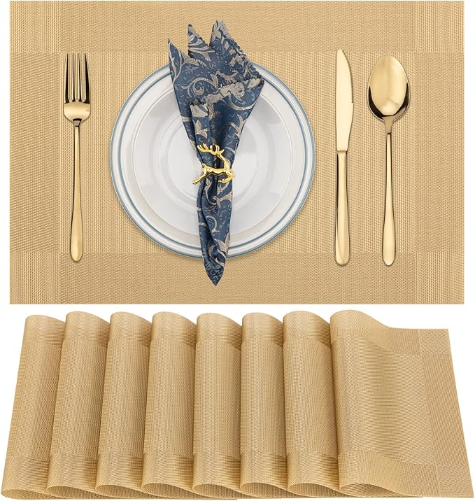 Winknowl Placemats Set of 8, Washable Vinyl Woven Placemats, Heat Resistant & Wipeable Table Mats for Kitchen Dining Table (Golden)