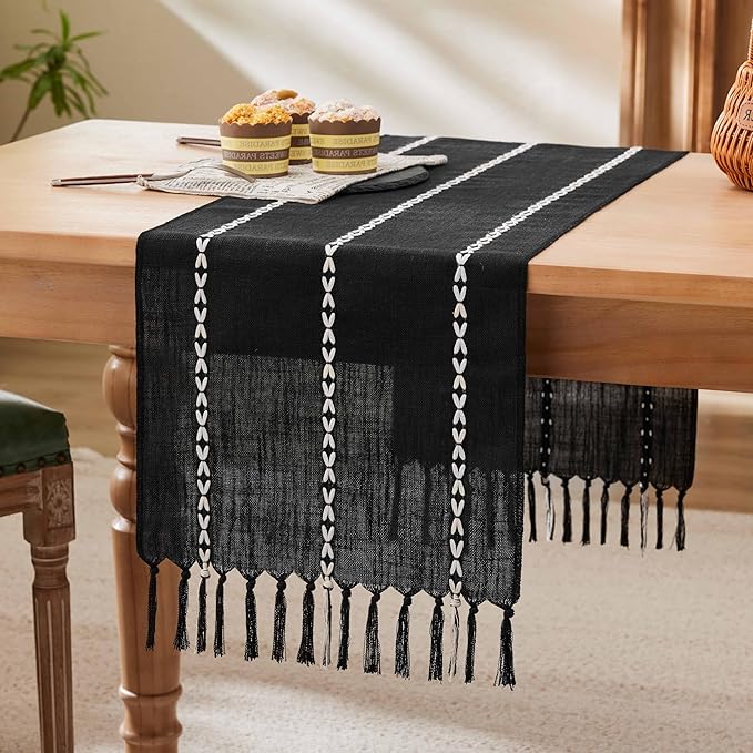 Braided Farmhouse Table Runner,Braided Black 13x60 Inch, Cotton Linen Table Runners 60 Inches Long, Embroidered Striped Black Boho Table Runner Rustic Home Decors