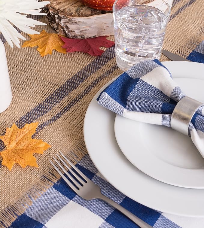 DII Jute Burlap Collection Kitchen Tabletop, Table Runner, 14x72, Double Border Blue