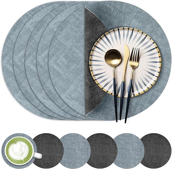 13-Inch Faux Leather Round Placemats Set of 6, Waterproof Anti-Slip Dual Sided Place mats, Heat Resistant Washable Table Mats with Coaster, Suitable for Indoor & Outdoor (6, Black Light Blue)