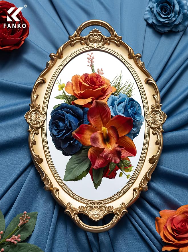 FANKO Artificial Flowers for DIY, Dusty Blue Navy Burnt Orange Faux Flowers Bouquet, Fake Rose Lily Silk Flowers for Vase, Home Decor, Celebrations, Summer Wedding, Rustic Events, Party