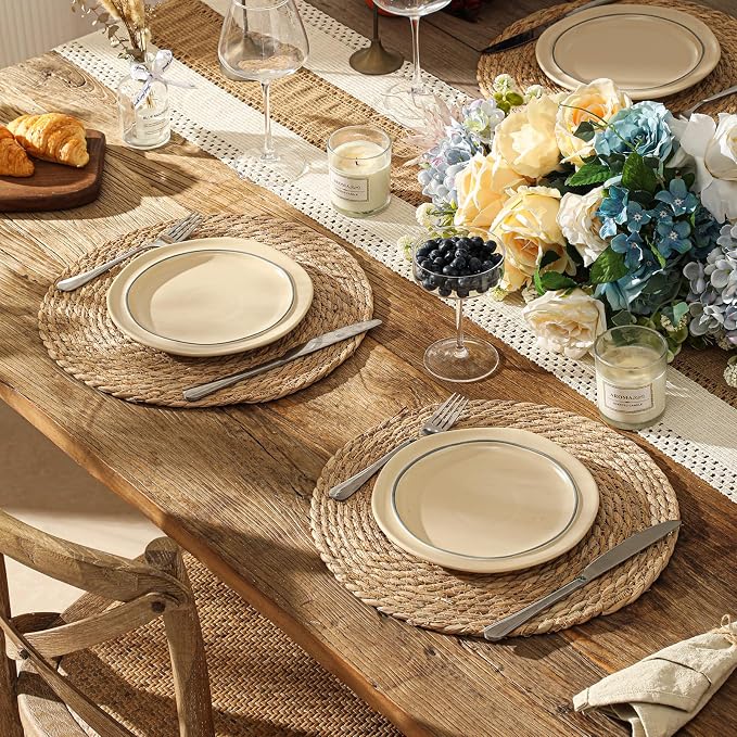 13.8'' Round Woven Placemats Set of 12, Boho Rattan Chargers for Dinner Plates, Rustic Wicker Place Mats, Straw Braided Table Placemats, for Dining Table Decor, Wedding, Farmhouse and Home Decor