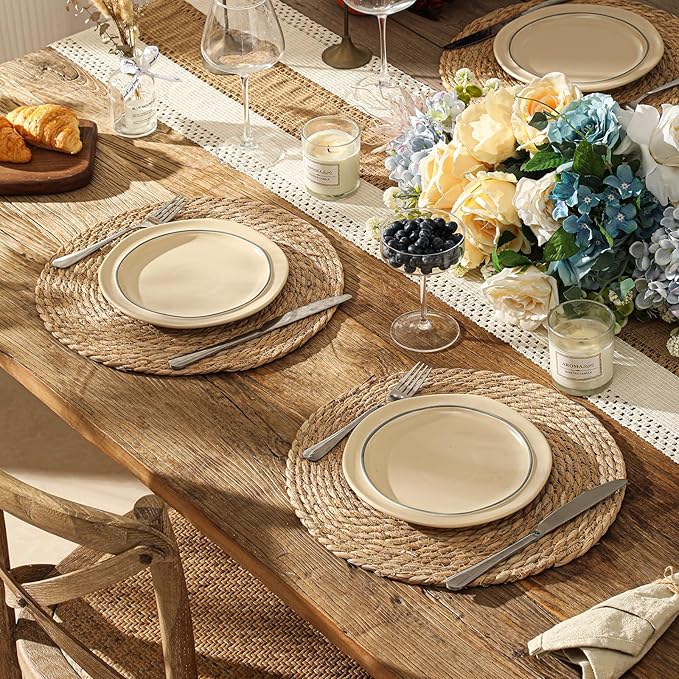 Round Woven Placemats Set of 6, 13.5'' Boho Rattan Chargers for Dinner Plates, Rustic Wicker Place Mats, Straw Braided Table Placemats, for Dining Table Decor, Wedding, Farmhouse and Home Décor