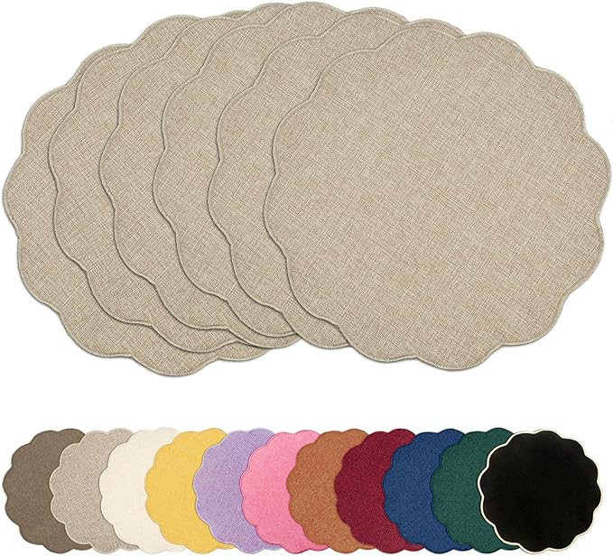 AHHFSMEI Round Faux Linen Placemats Set of 6 Heat Resistant Non-Slip Stain Proof Table Mats for Kitchen Dining Elegant Decor Place Mats (Linen Beige,6)