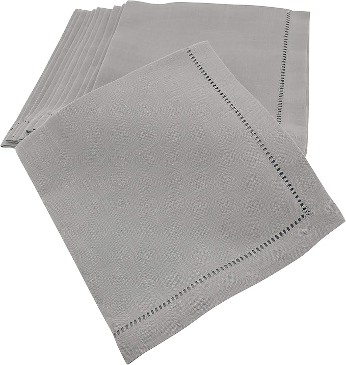 SARO LIFESTYLE Hemstitched Border Dinner Napkin (Set of 12), Grey, 20"x20"