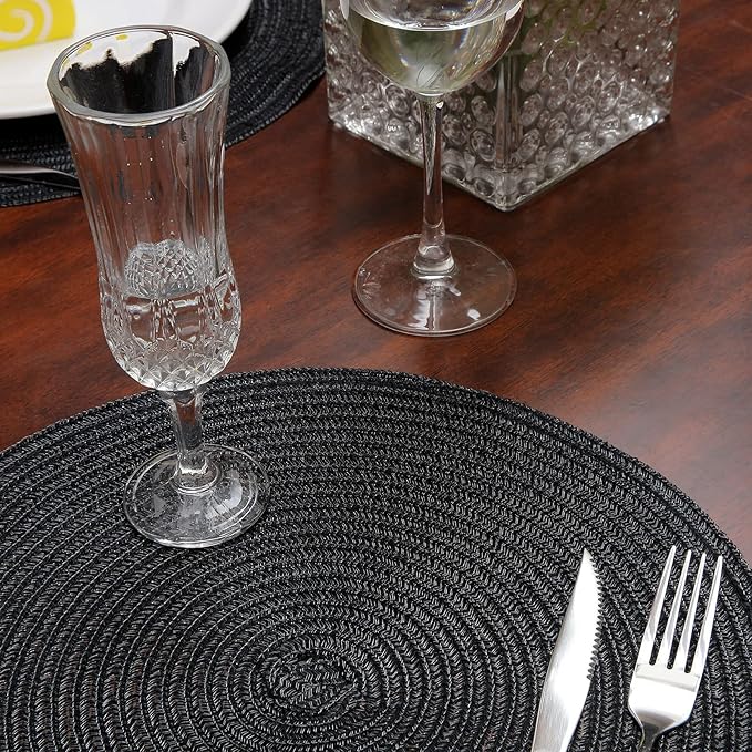 Topotdor 14 Inch Round Placemats Heat-Resistant Stain Resistant Anti-Skid Washable Polyproplene Table Mats Placemats (Black, Set of 6)