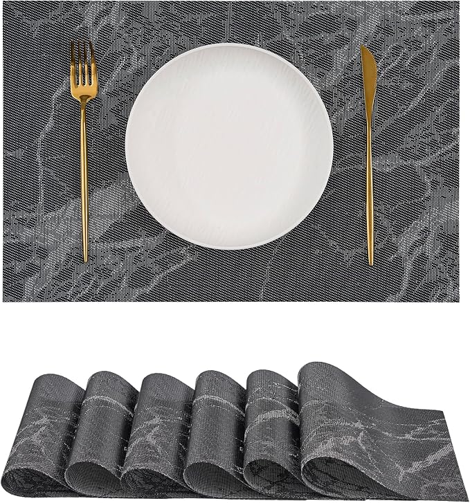 Leetaltree Reversible Marble Placemats Set of 6 - Ships Flat and Stays Flat, Durable Washable Vinyl PVC Placemats, Heat Resistant, Easy Wipe Clean (Black Marble Pattern)