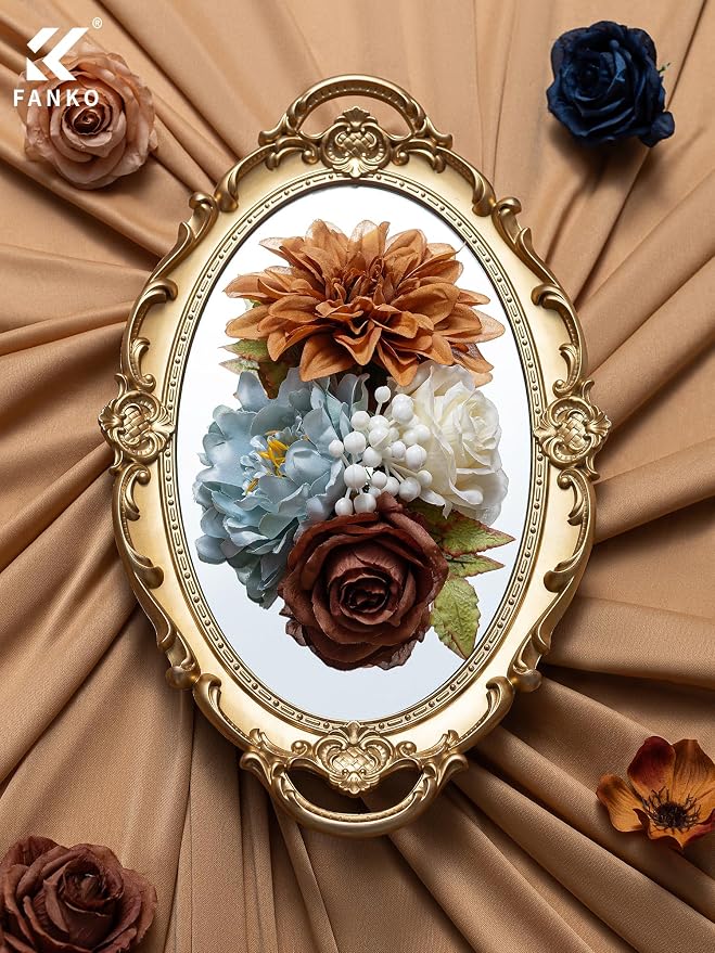 FANKO Artificial Flowers for DIY, Navy Blue Brown Peach Faux Flowers Bouquet, Colorful Fake Rose Peony Poppy Silk Flowers for Vase, Home Decor, Garland, Summer Wedding, Birthday, Party