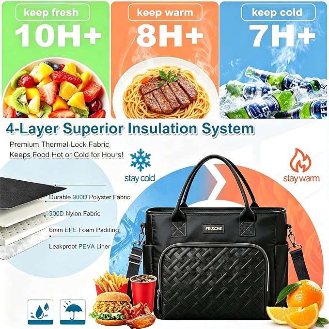 B1jounie YA Large Insulated Lunch Bag for Work, Women's Nylon Thermal Lunch Box, Leakproof Cooler Tote Bag with Storage Pocket