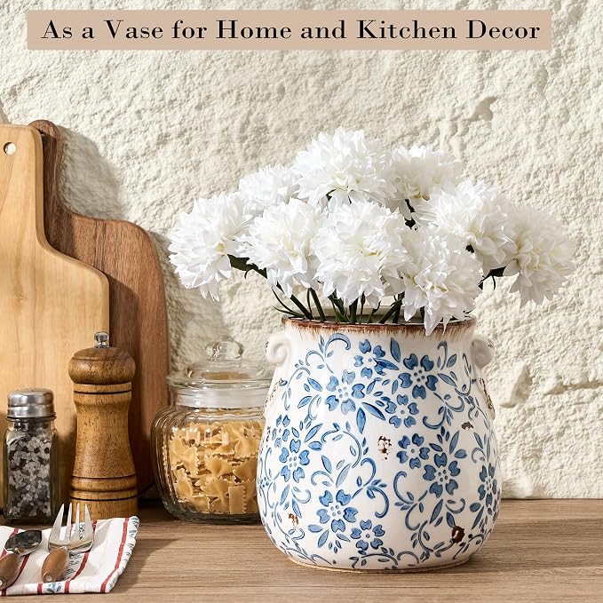 Utensil Holder for Kitchen Counter, Modern Farmhouse Rustic Cooking Utensil Holder and Crock, Exquisite Chinoiserie Floral Ceramic Utensil Organizer for Home Kitchen Decor- Blue and White Porcelain