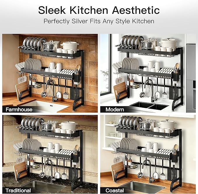 3 Tier Extra Large Stainless Steel Expandable Over The Sink Dish Drainer Drying Rack, Rust Proof Metal, Space Saving, Modern Black Big Capacity Extendable Plate Strainers Above Kitchen Counter