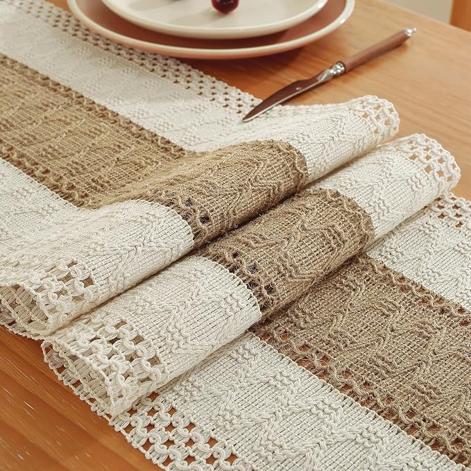 Niviy Boho Table Runner for Brown White Tassel Home Decor 72 Inches Long, Modern Farmhouse Decor Rustic Macrame Cotton Linen Woven Coffee Table Runners for Dining Table Decoration