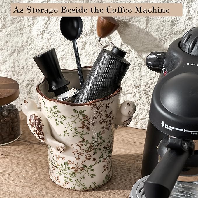 6.34'H Utensil Holder for Kitchen Counter, Modern Farmhouse Cooking Utensil Holder and Crock Home Kitchen Decor, Ceramic Utensil Organizer for Spatula, Ladle, Eggbeater, Rolling Pin- Green and Beige