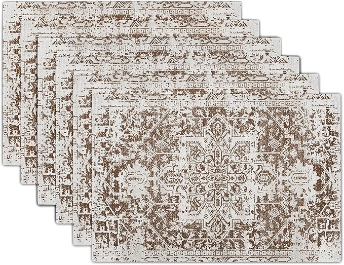 Gray Brown Boho Placemats Set of 6 Ethnic Bohemian Carpet Place Mats Washable Kitchen Dining Vintage Grey Geography Floral Linen Table Mats Stain Heat-Resistant for Home Party Indoor 12x18 in
