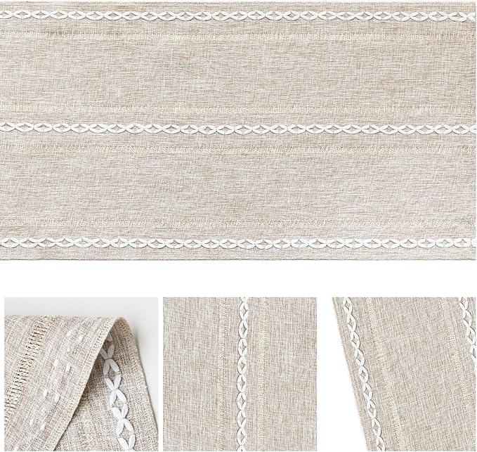 Artoid Mode Brown Rustic Cotton Linen Table Runner, Seasonal Embroidered Hollow Kitchen Dining Table Decoration for Home Party Decor 13x60 Inch