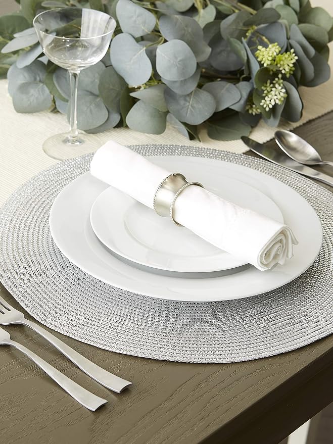 DII Woven Placemats Collection Metallic Round Placemat Set, 15", Silver, 6 Piece