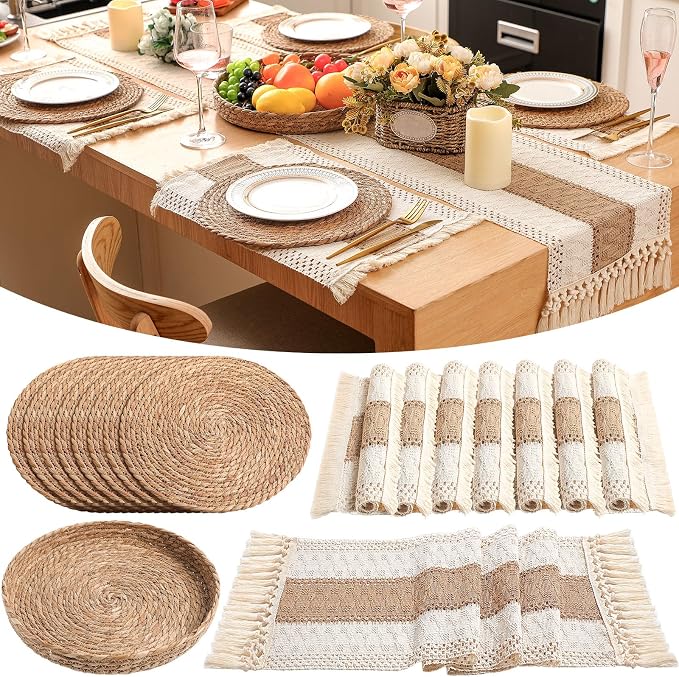 Boho Placemats 4/6/8 Set of Round Woven Placemat Macrame Style Bicolor Stitching Long Table Runner Farmhouse Rustic Natural Burlap Cotton for Kitchen Dining Table (8 Sets,Brown,12x108)