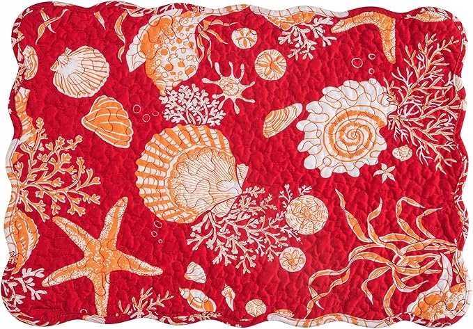 C&F Home Ruby Red & Orange Vintage 100% Cotton Quilted Set of 6 Placemats 13" x 19" Versatile Summer Shells Coral Coastal Ocean Beach Kitchen Dining Dinner Table Tabletop Scalloped Machine Wash