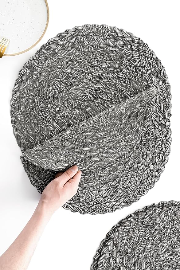 Floroom 15 Inch Round Braided Placemats Set of 4, Washable Heat Resistant Cotton Polyester Circle Boho Place Mats for Kitchen Dining Table - Mist Grey