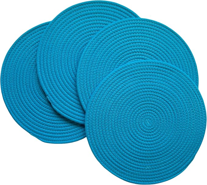 WAZAIGUR Round Placemats Washable Thick Cotton Absorbent 13 inch Round Table Mats for Kitchen Dining Table Set of 4 Round Woven Fabric Indoor/Outdoor Place Mats (Sky Blue, 4)