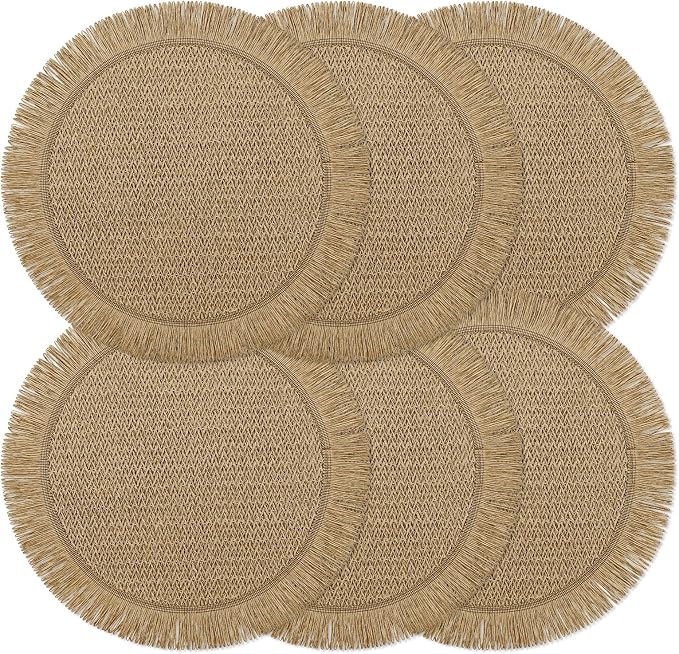 fanquare Boho Round Paper Placemats 15'' Set of 6, Rustic Woven Fade-Safe Tablemats,Braided Placemats for Home, Cafe or Events, Brown