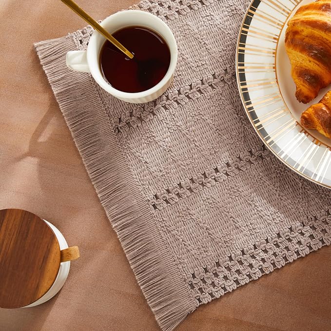ZeeMart Macrame Style Boho Placemats Set of 6, Taupe 12x20 Inch | Decorative Farmhouse Table Mats, Natural Cotton Woven Place Mats, Bohemian Home Decor for Kitchen Dining Table