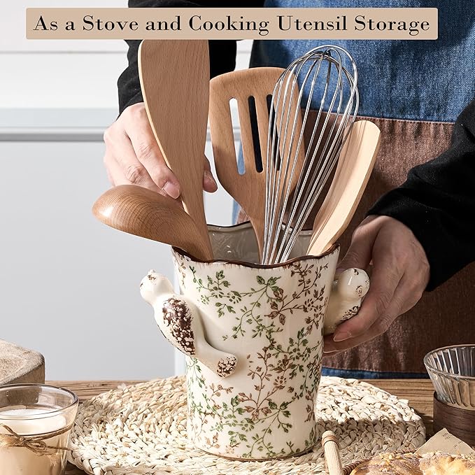 6.34'H Utensil Holder for Kitchen Counter, Modern Farmhouse Cooking Utensil Holder and Crock Home Kitchen Decor, Ceramic Utensil Organizer for Spatula, Ladle, Eggbeater, Rolling Pin- Green and Beige