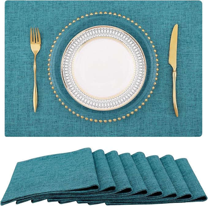 homing Faux Cotton Linen Placemats Set of 8, Cloth Washable Farmhouse Dining Table Mats for Indoors & Outdoors, Easy to Clean, Teal, 13 x 19 Inch