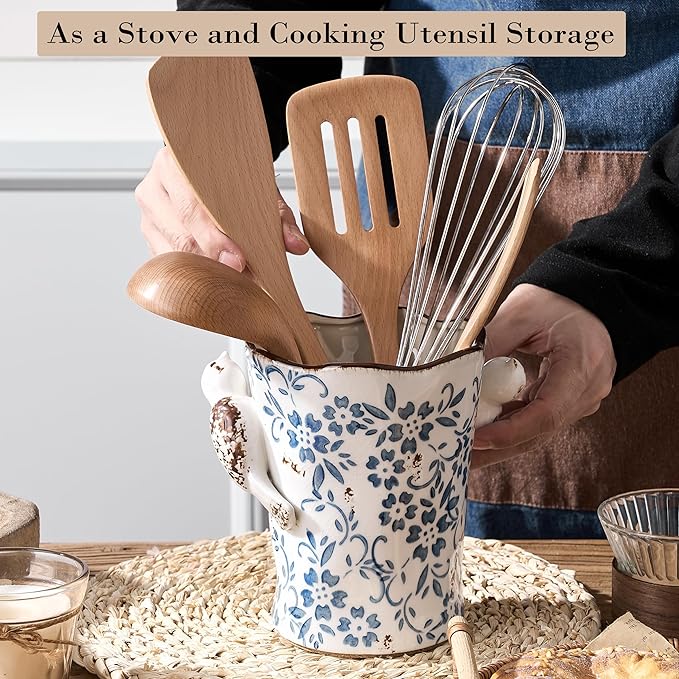 6.34"H Utensil Holder for Kitchen Counter, Modern Farmhouse Cooking Utensil Holder and Crock Home Kitchen Decor, Ceramic Utensil Organizer for Spatula, Ladle, Eggbeater, Rolling Pin- Blue and White