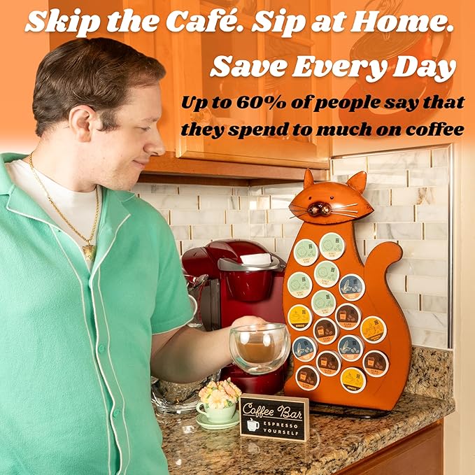 Made Easy Kit Front Facing Countertop Coffee Pods Holder - Compatible with K-Cups Practical meets Whimsical - Coffee Bar Decor for Home Café Kitchen Nook (Orange Cat)